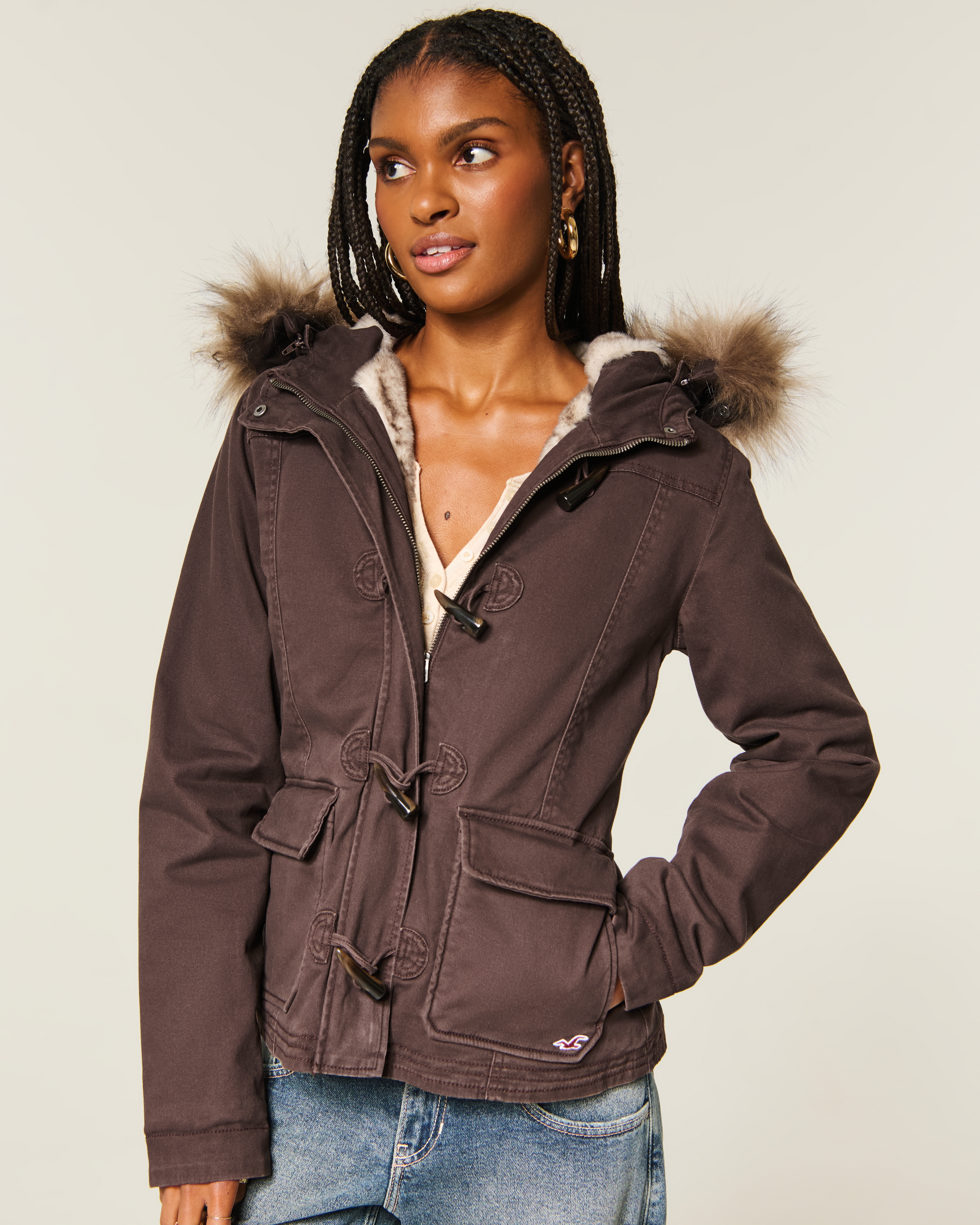 Hollister Faux Fur-lined Toggle Jacket In Espresso