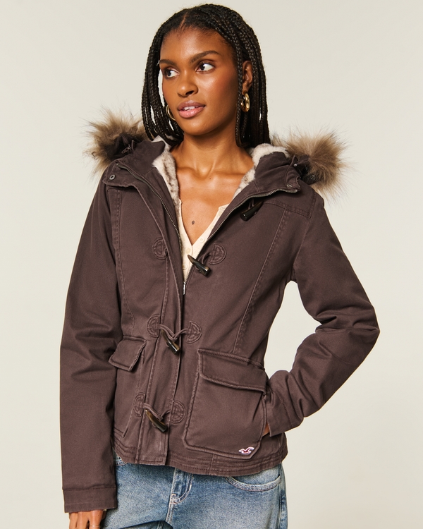 Faux Fur-Lined Toggle Jacket, Espresso view 1