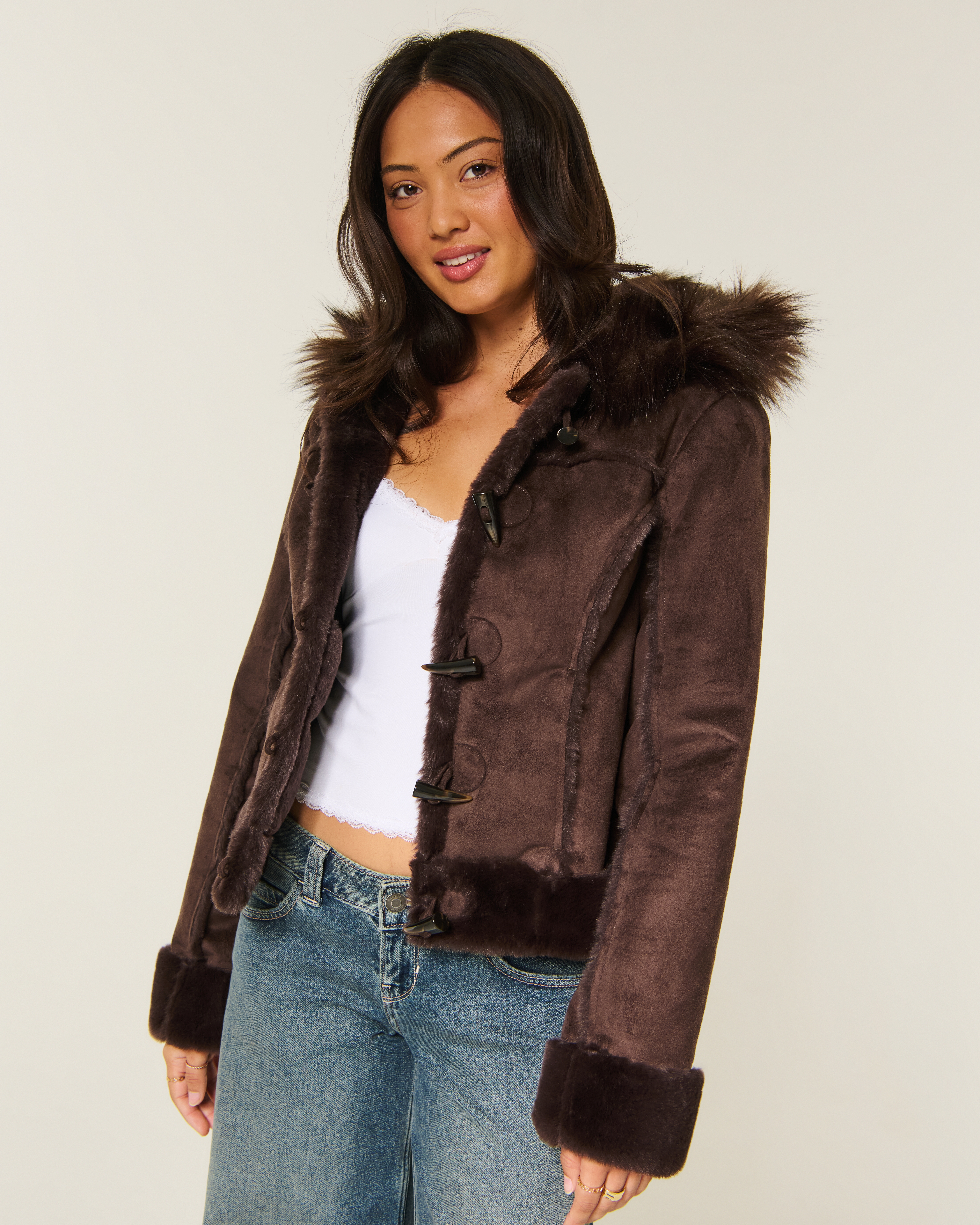 Hollister Faux Shearling Jacket In Brown
