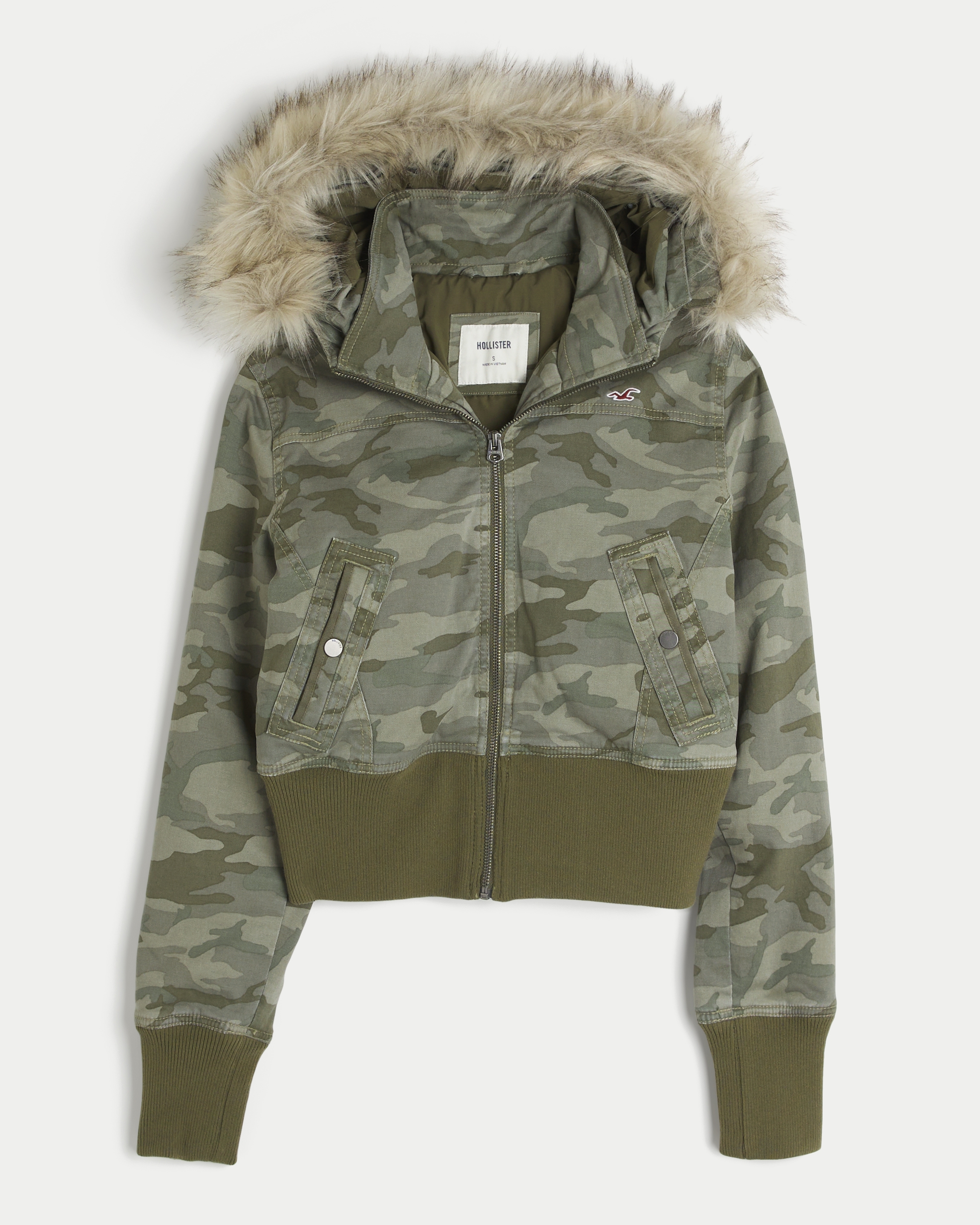 Faux Fur Trim Twill Bomber Jacket
