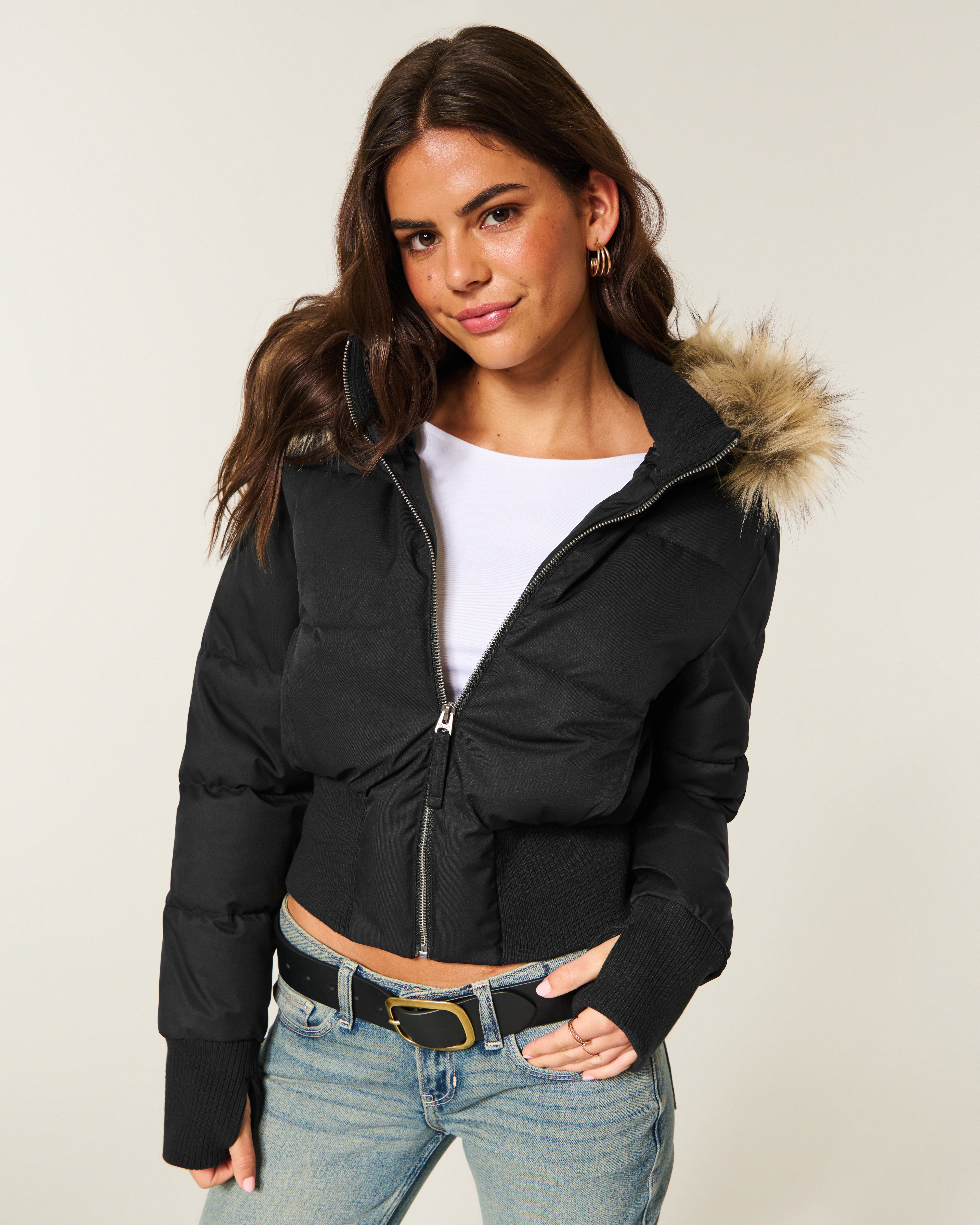 Faux Fur Trim Puffer Bomber Jacket