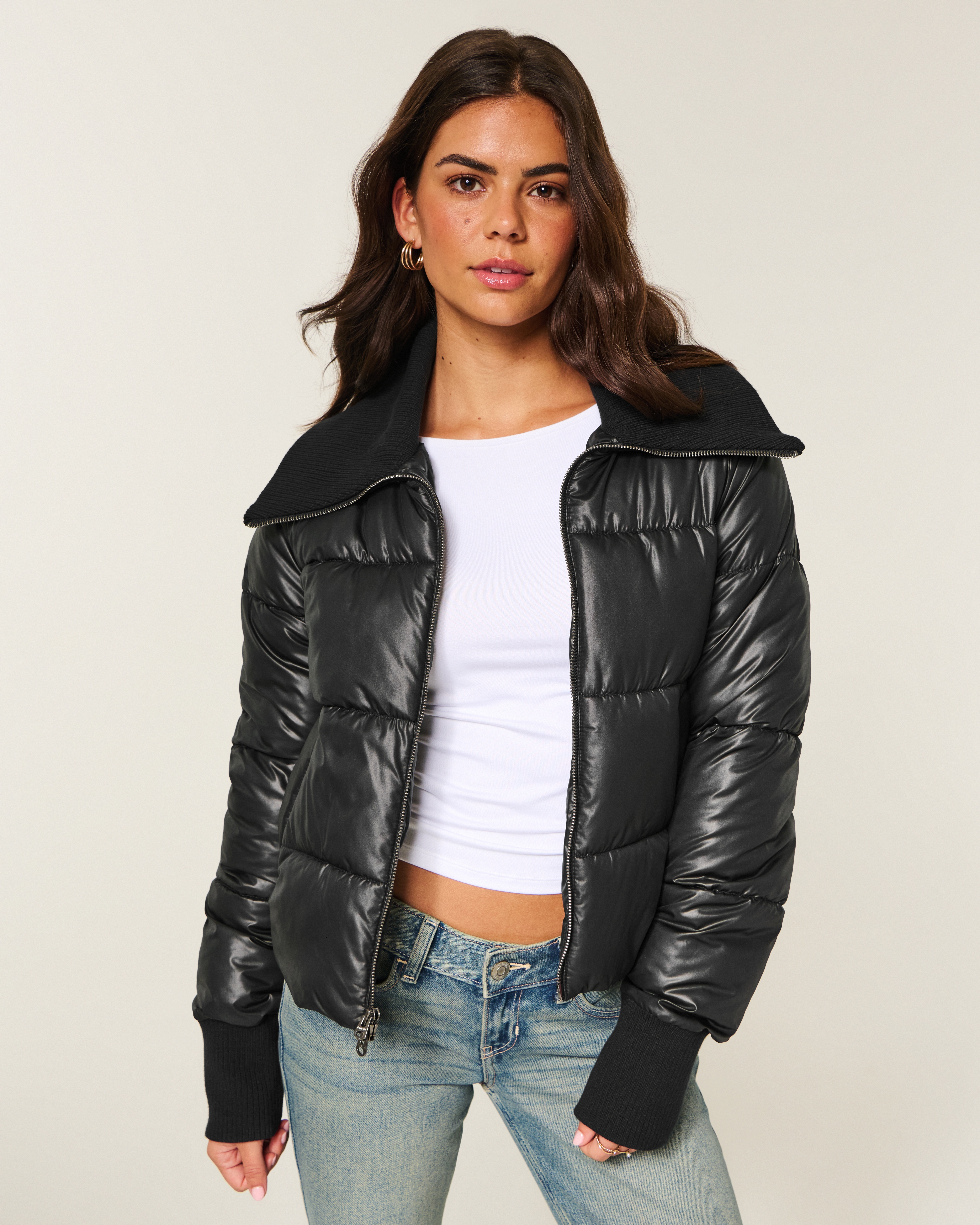 Rib Collar Shiny Puffer Jacket