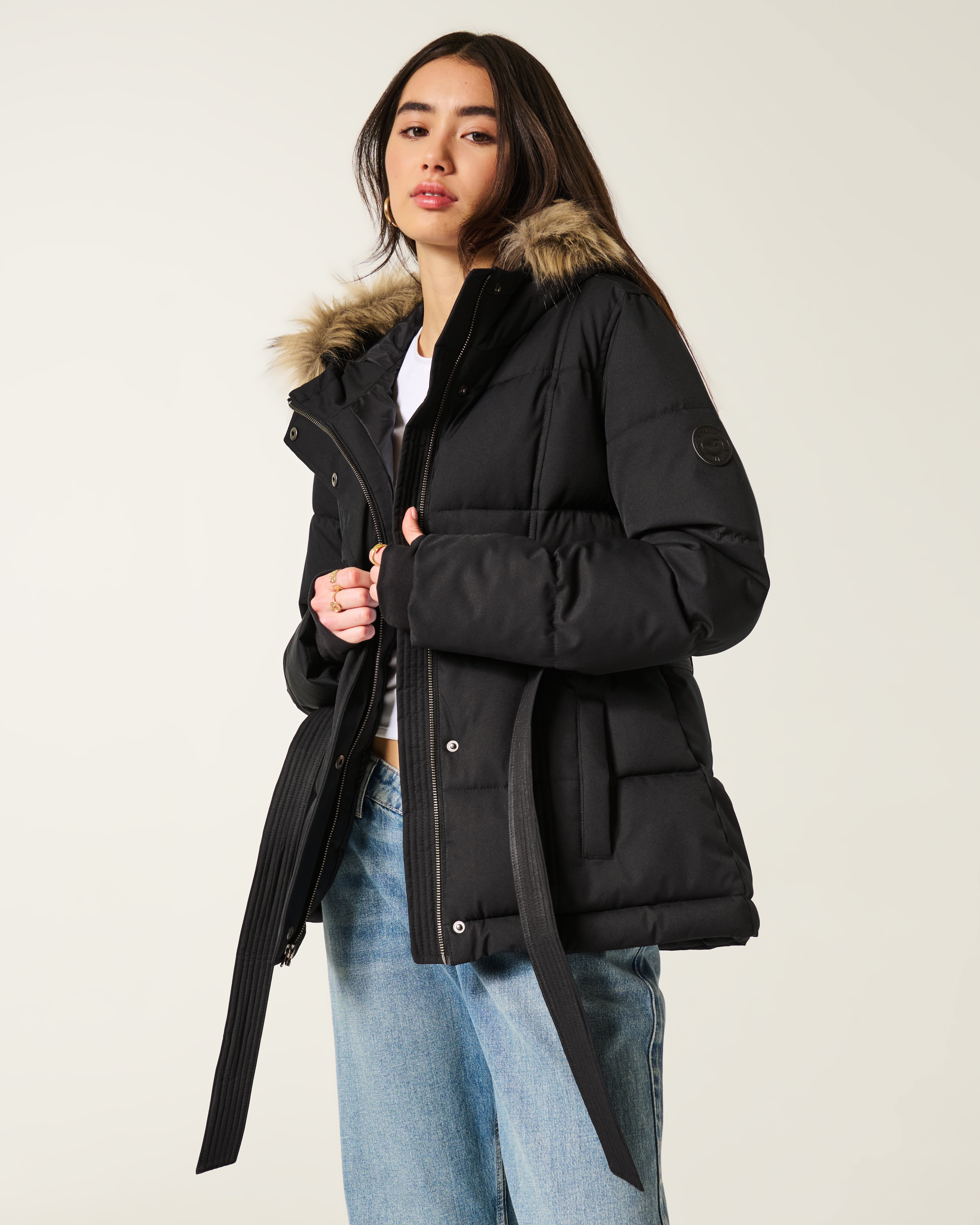 Faux Fur Trim Belted Puffer Jacket