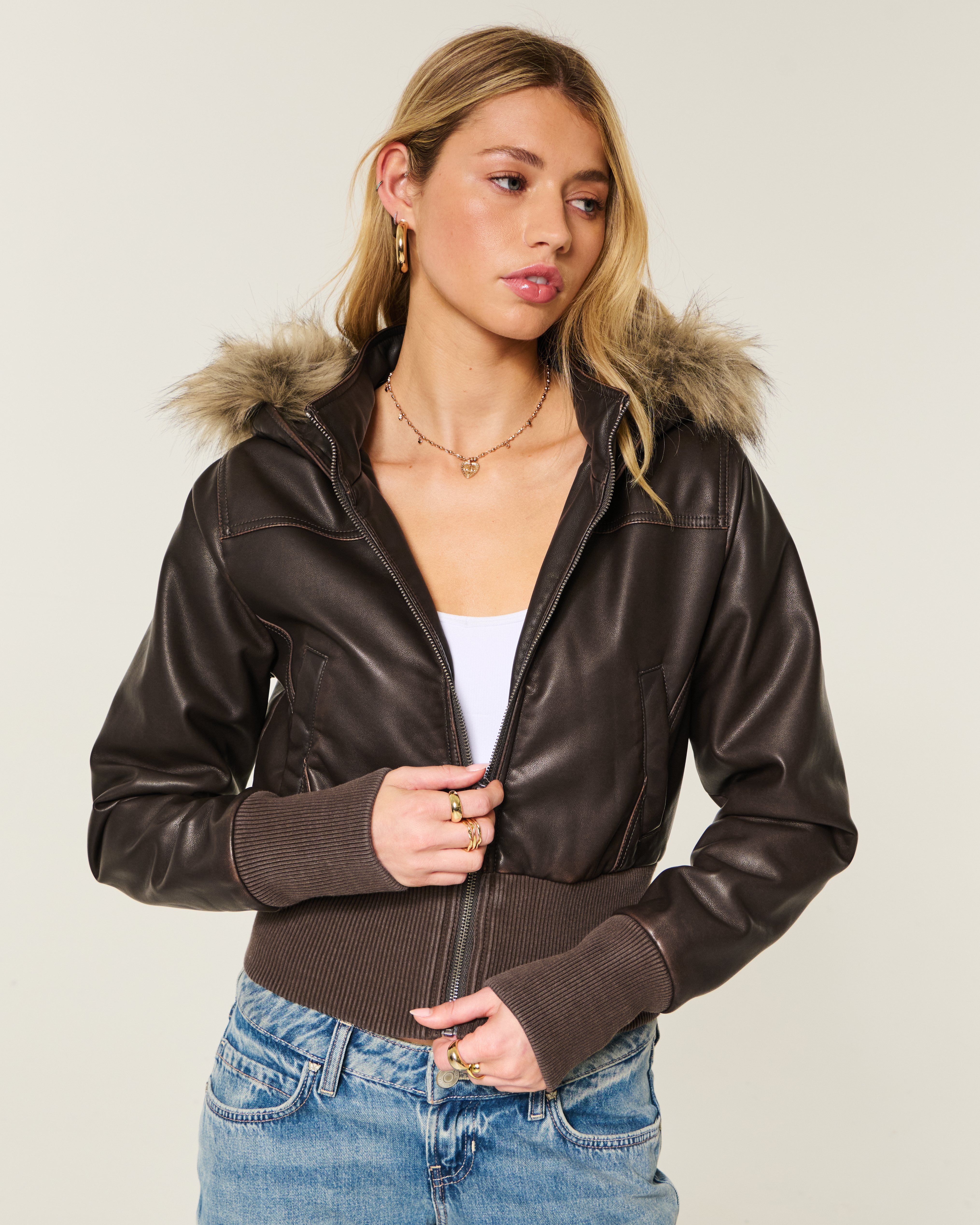 Hooded Faux Leather Bomber Jacket