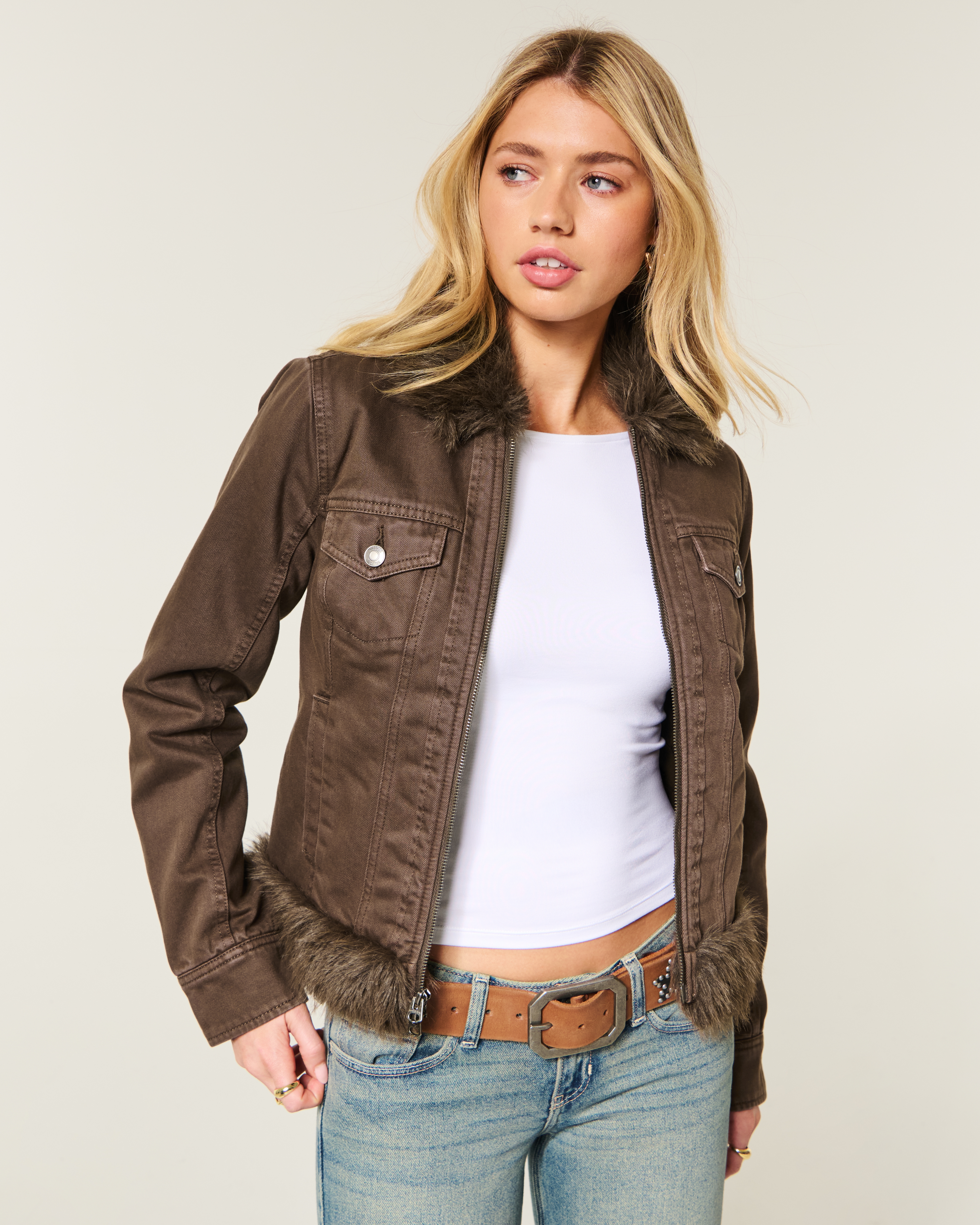Faux Fur Trim Twill Jacket