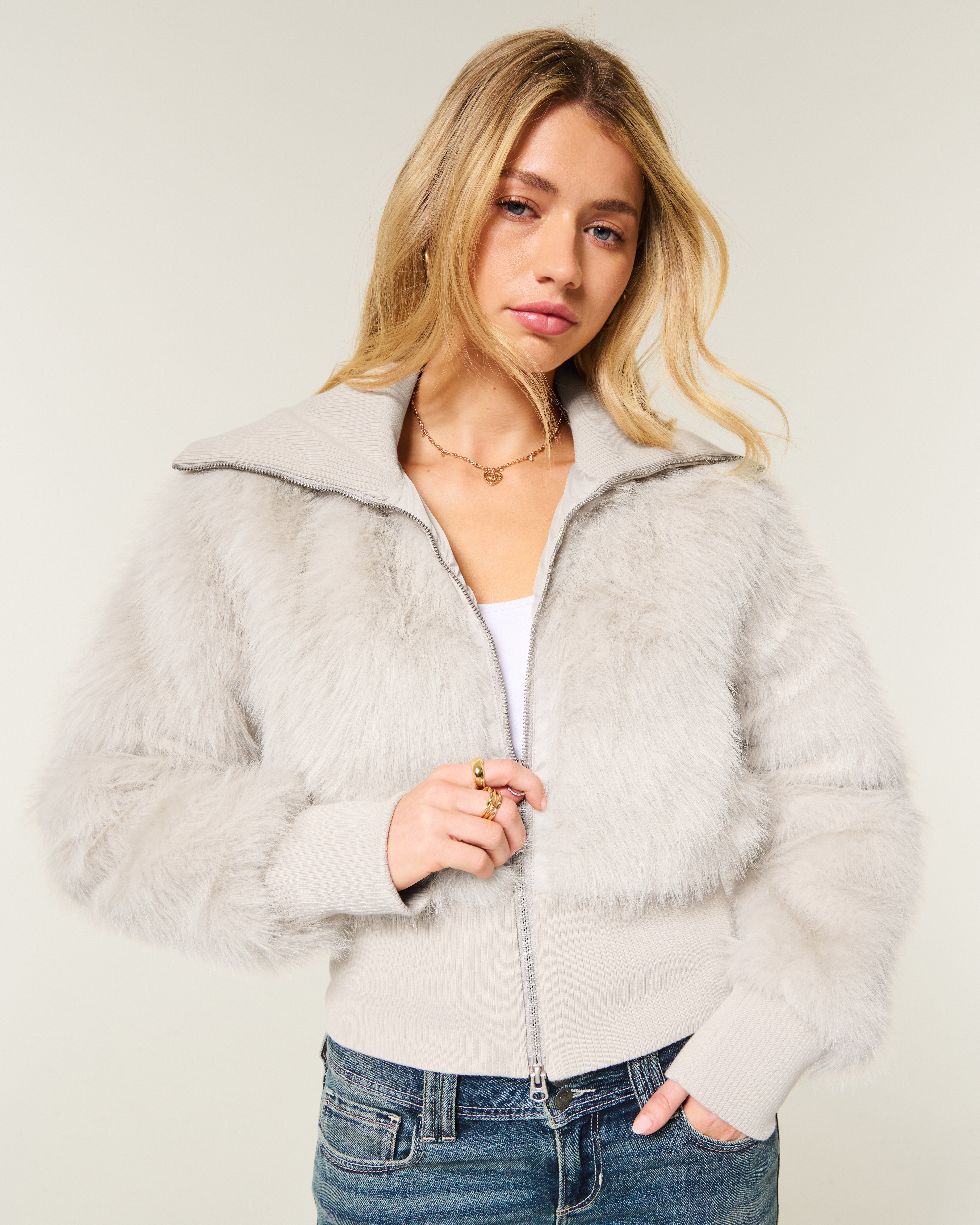 Rib Collar Faux Fur Jacket