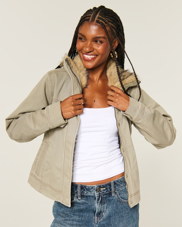 Faux Fur Trim Twill Jacket, Olive view 1