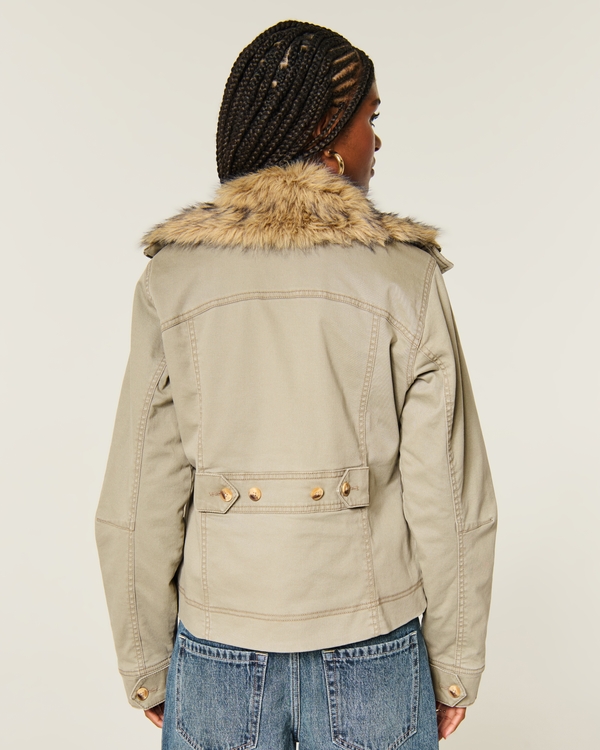 Faux Fur Trim Twill Jacket, Olive view 2