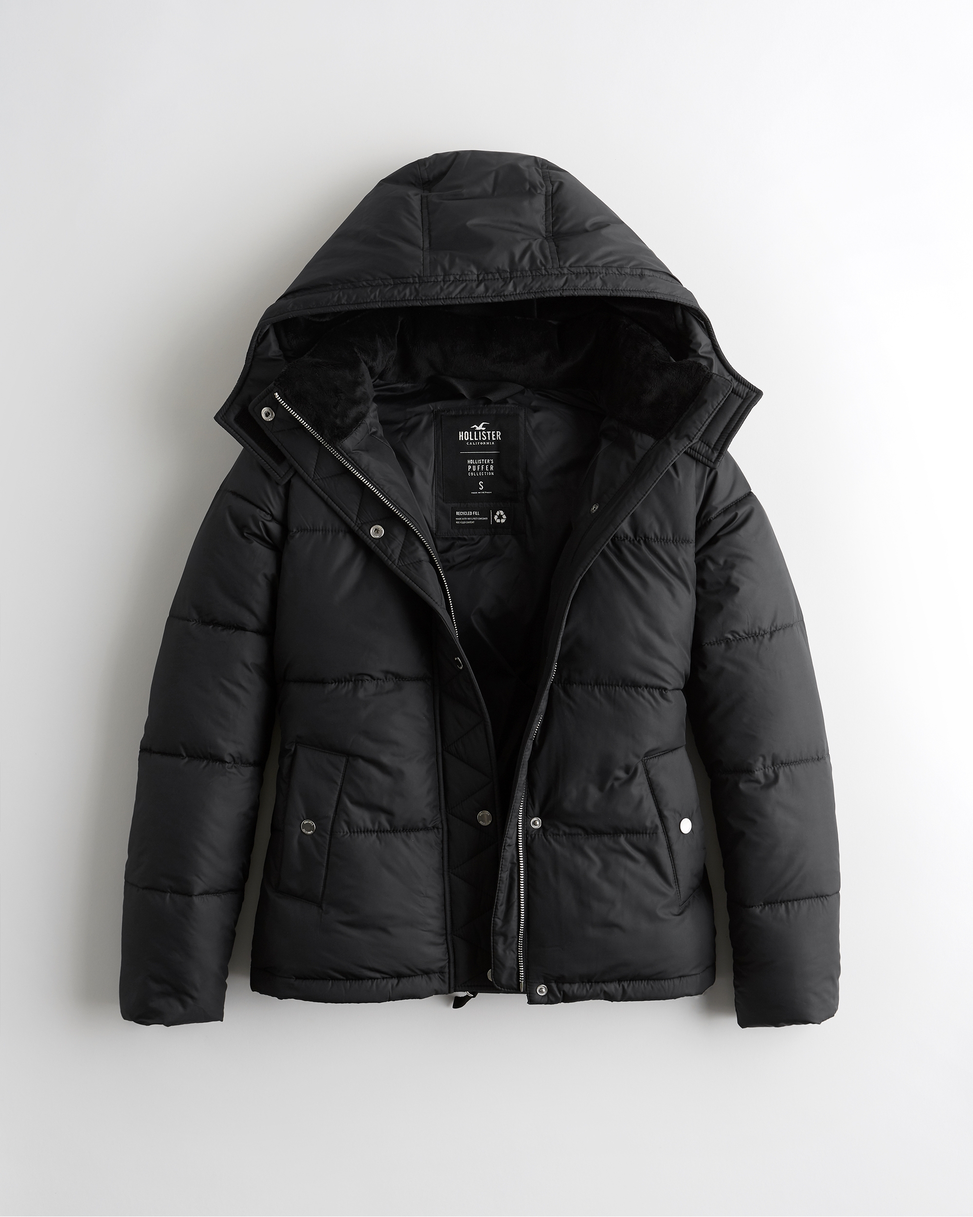 recycled fill hooded puffer jacket hollister