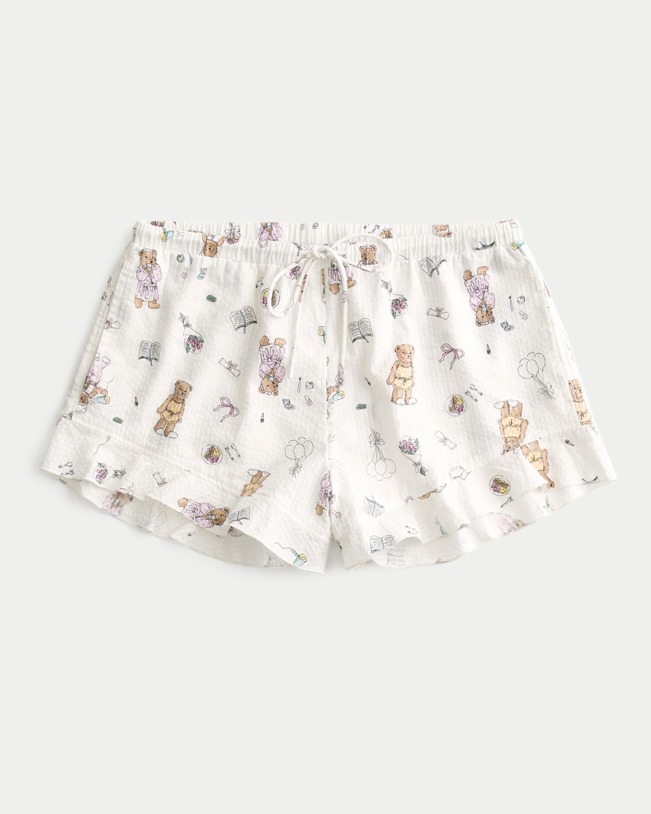 Bear Pattern Ruffled Seersucker Pajama Shorts