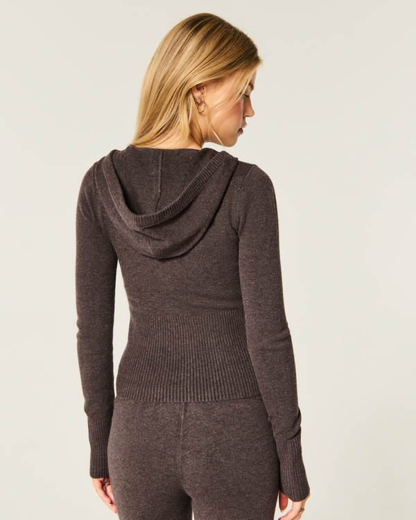 Sweater-Knit Zip-Up Hoodie, Brown view 2