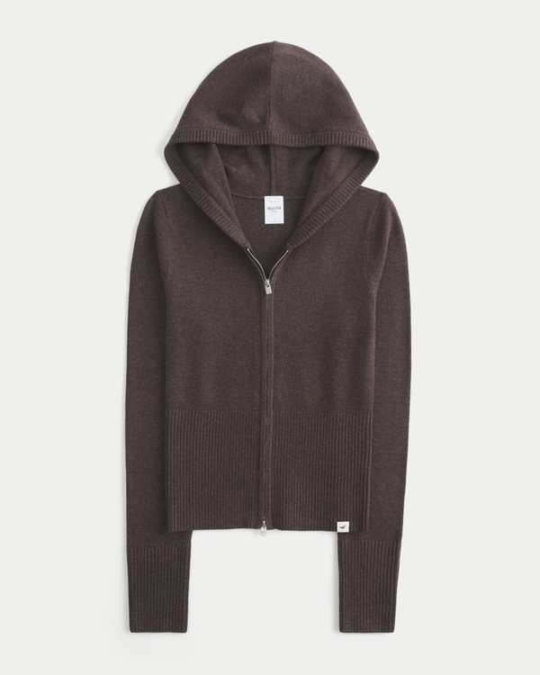 Sweater-Knit Zip-Up Hoodie, Brown view 1