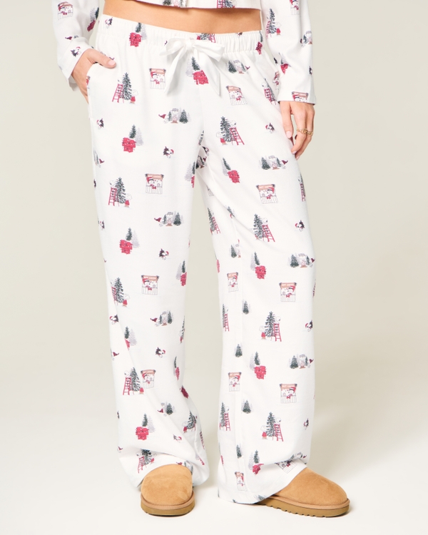Snoopy Graphic Satin Tie Flannel Pants, White Pattern view 2