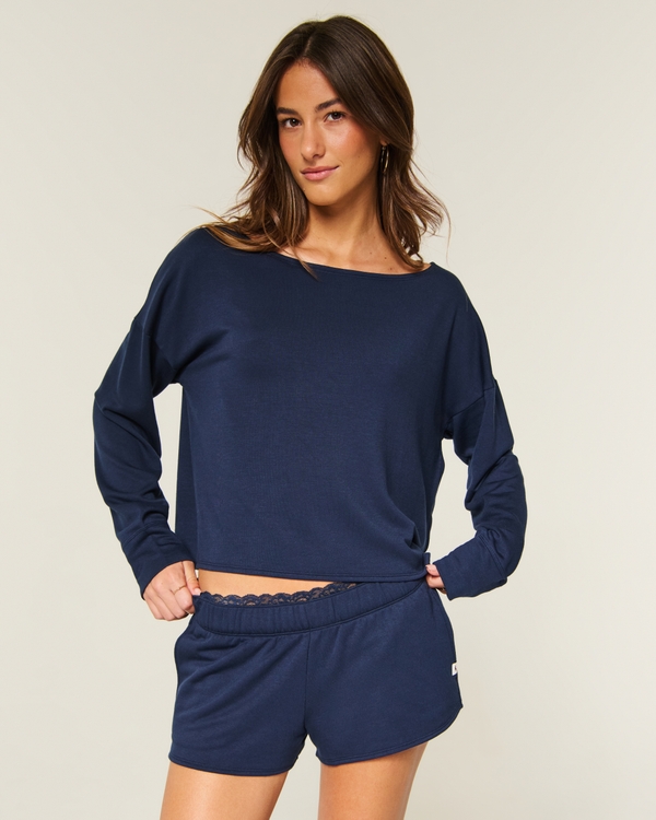 Hollister Comfy Cloud Off-the-Shoulder Top & Sleep Shorts Set, Navy view 2