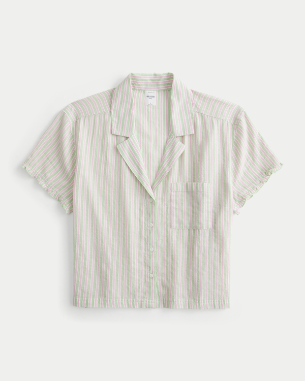 Short-Sleeve Textural Ruffle Shirt, Lime Stripe view 1