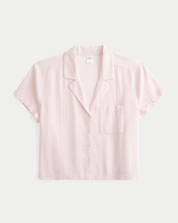 Short-Sleeve Textural Ruffle Shirt, Light Pink view 1