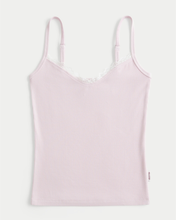 Rib Lace Trim Cami, Light Pink view 1