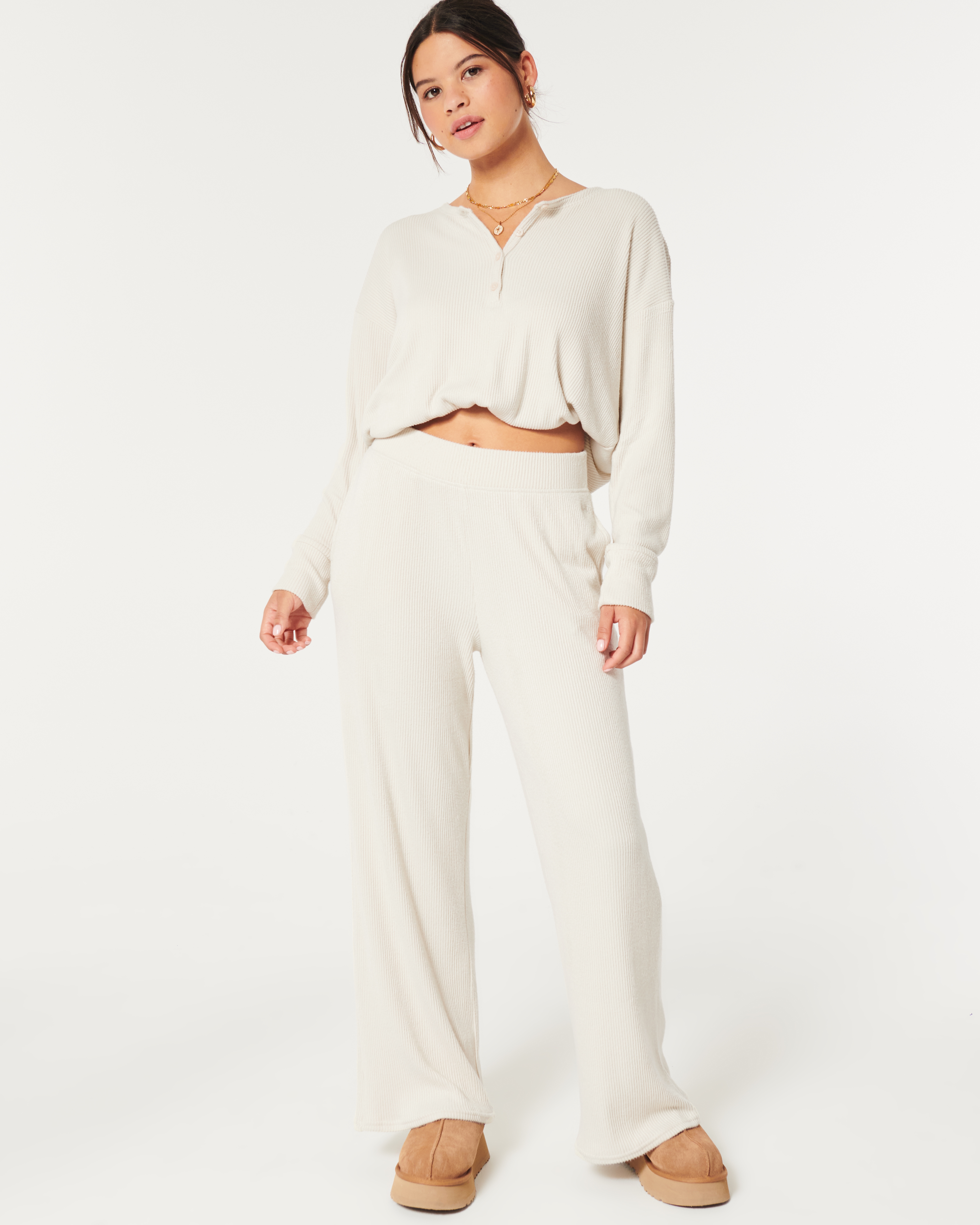 Women's Cozy Ribbed Wide-Leg Pants | Women's Clearance