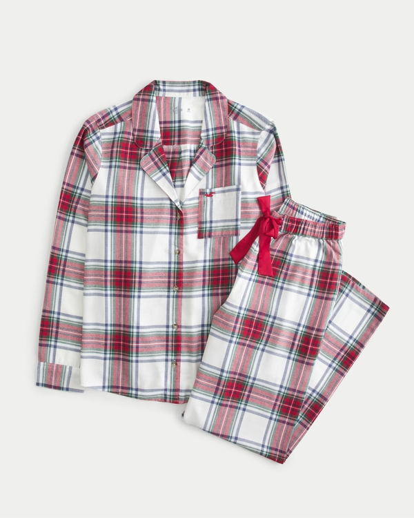 Flannel Shirt & Wide-Leg Pants Set, Red Plaid
