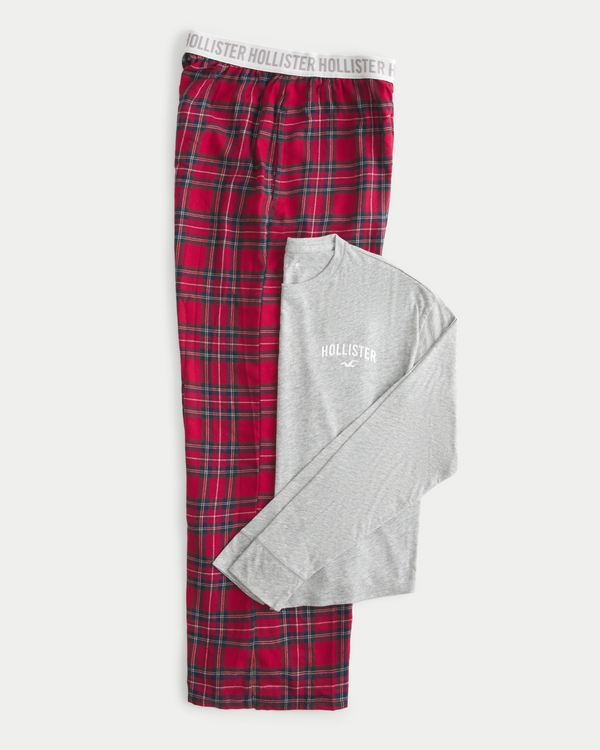 Long-Sleeve Tee & Wide-Leg Pajama Pants Sleep Set, Red Plaid