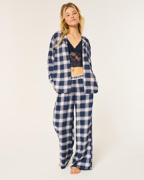 24/7 Baggy Flannel Pajama Pants, Navy Blue Plaid