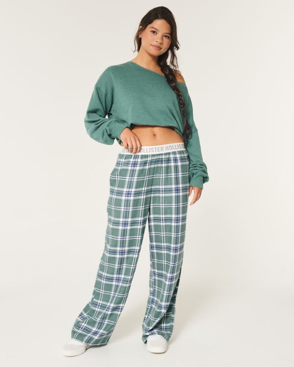 Ultra High-Rise Wide-Leg 24/7 Pajama Pants, Forest Green Plaid