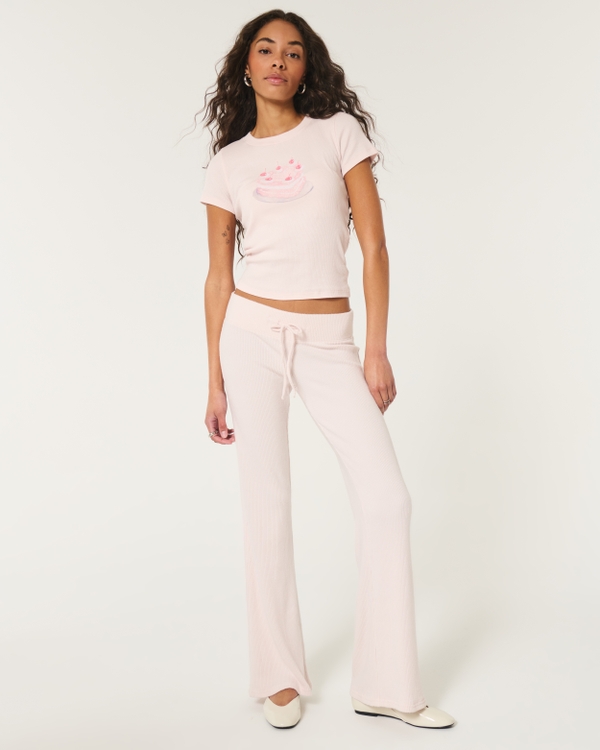 Cozy Ribbed Flare Pants, Pale Pink