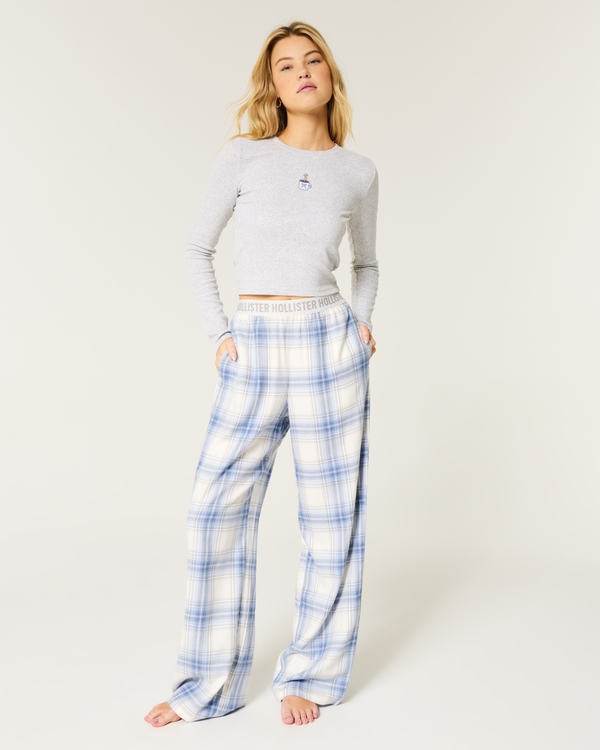 Long-Sleeve Graphic Tee & Flannel Pajama Pants Set, Light Blue Plaid