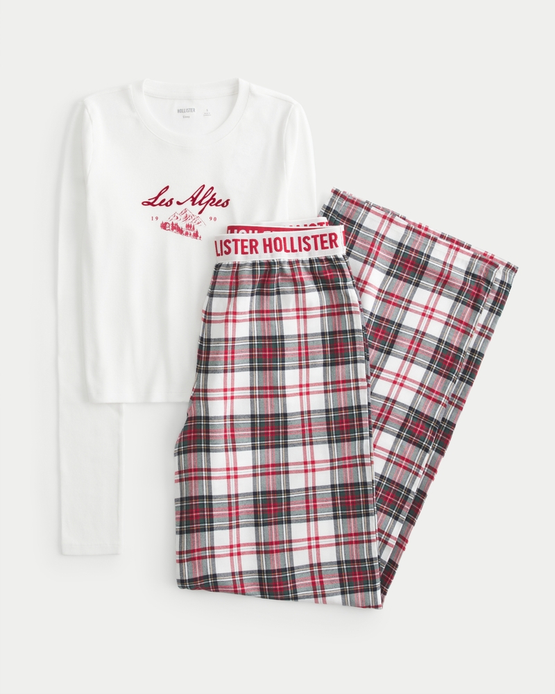 Long Sleeve Graphic Tee Flannel Pajama Pants Set