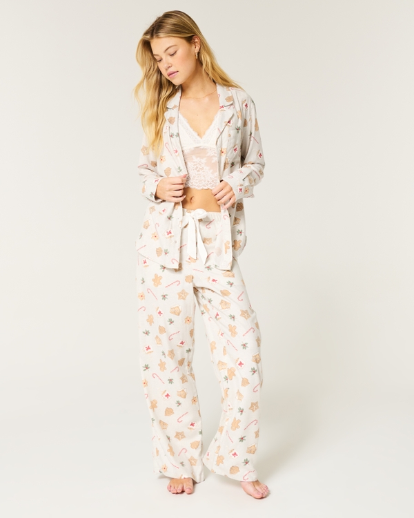 Long-Sleeve Pajama Shirt & Pants Set, Light Grey Print