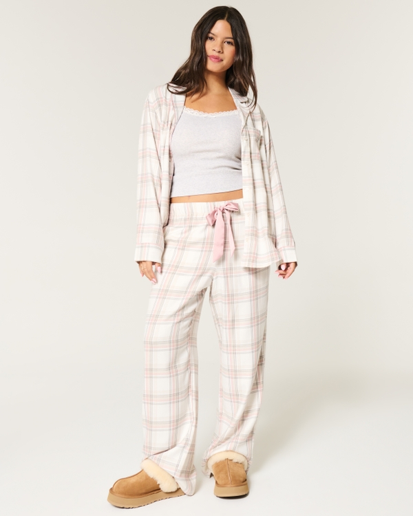 Long-Sleeve Pajama Shirt & Pants Set, Light Pink Plaid