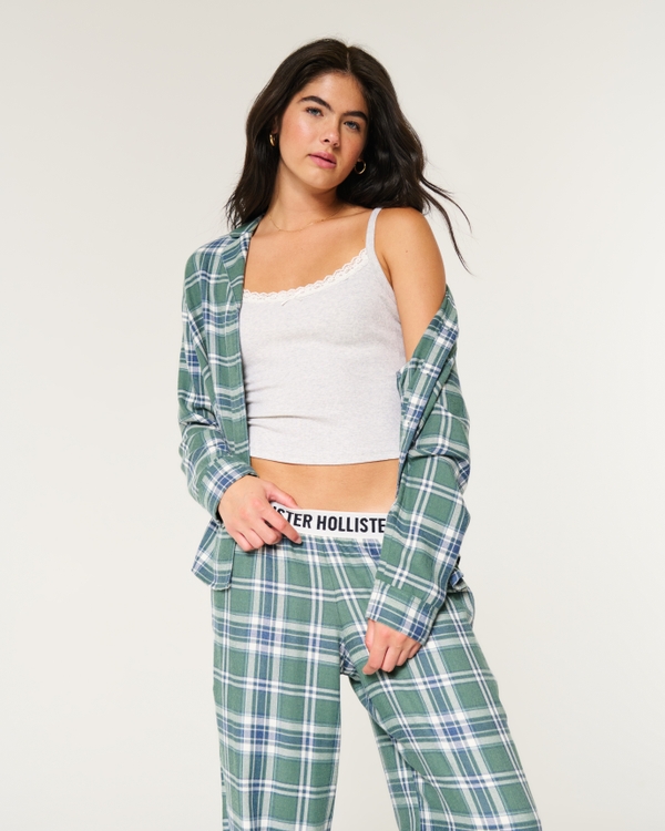 Easy Long-Sleeve Flannel Pajama Top, Green Plaid