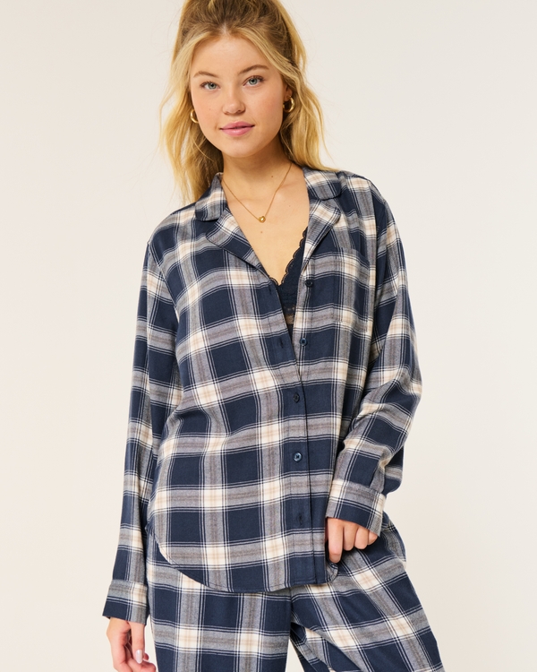 Easy Long-Sleeve Flannel Pajama Top, Navy Blue Plaid