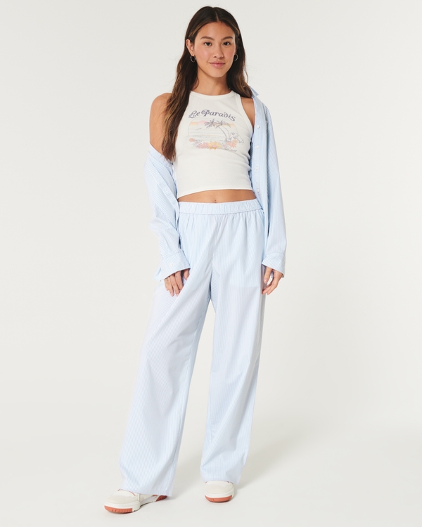 Poplin Wide-Leg Sleep Pants, Light Blue Stripe