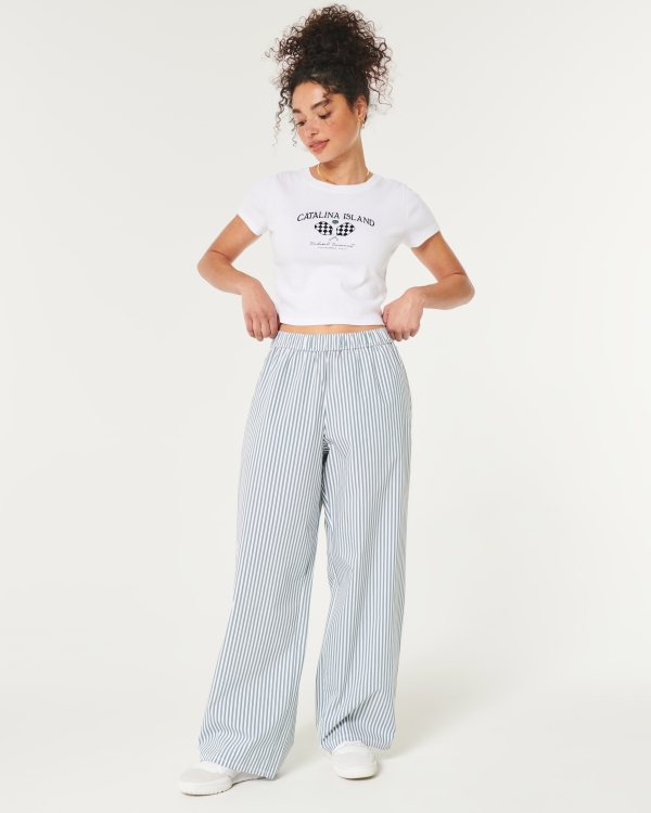 Poplin Wide-Leg Sleep Pants, Green Stripe