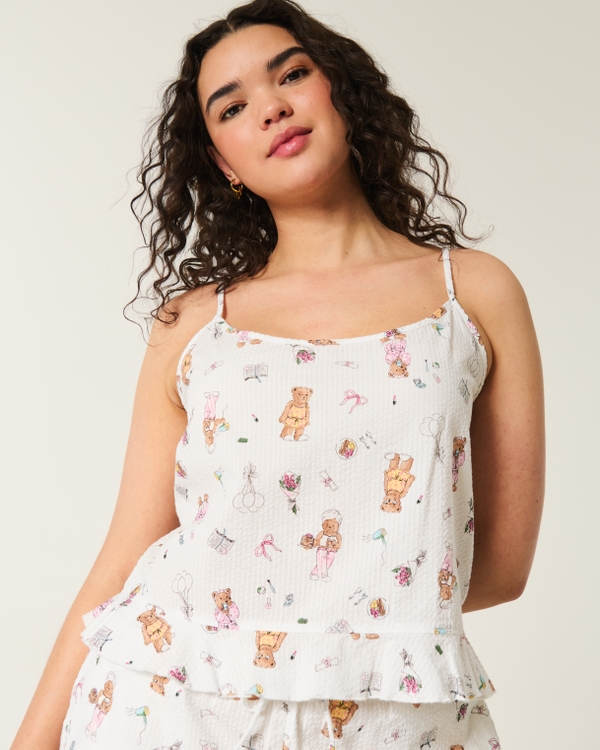 Ruffle Seersucker Sleep Tank, White Print view 1