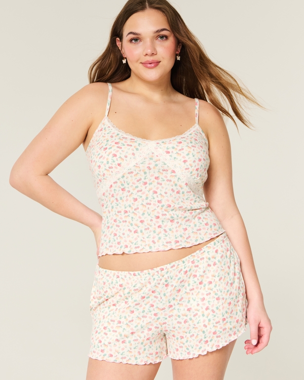 Cozy Lace Pointelle Cami & Shorts Set, White Pattern view 1