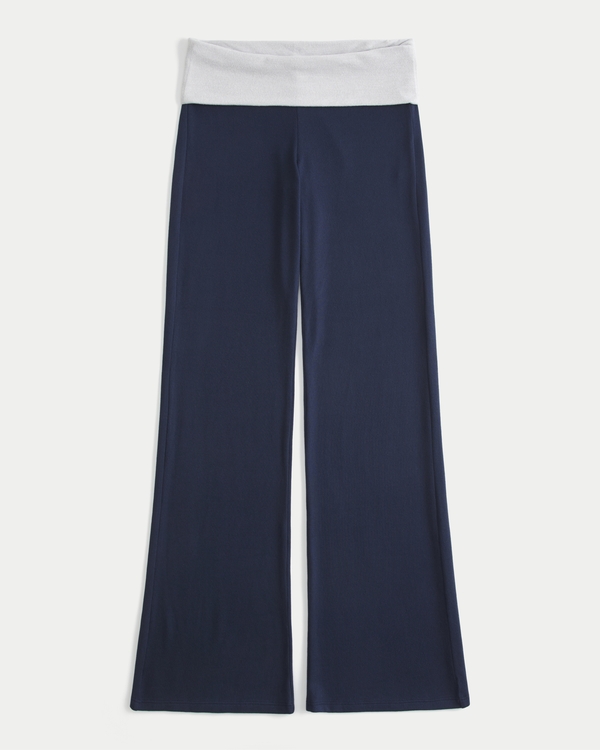 Foldover Waist Knit Flare Pants, Navy Blue view 1
