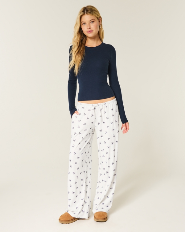 Cozy Ribbed Wide-Leg Pants, White Pattern view 1