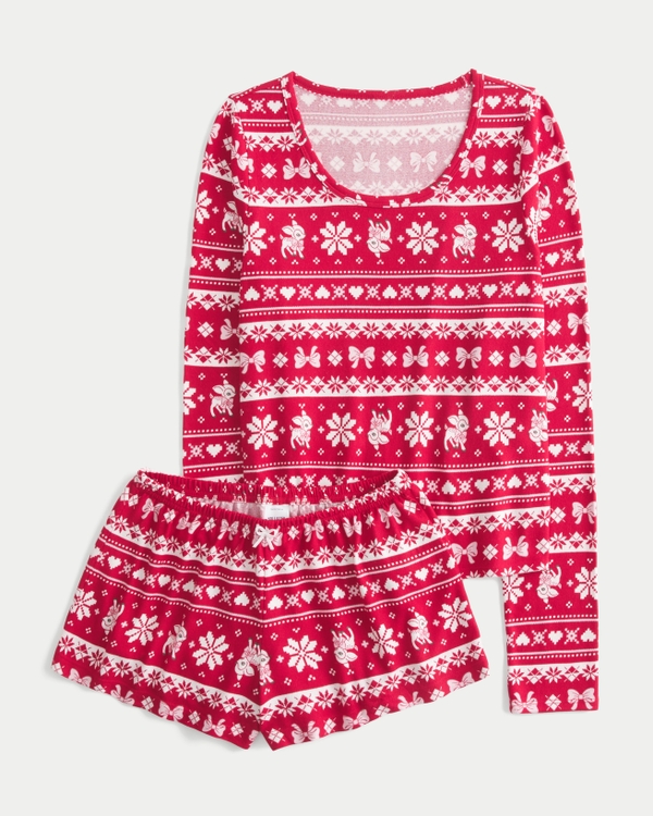 Cozy Long-Sleeve Scoop Top & Shorts Set, Crimson Pattern view 1