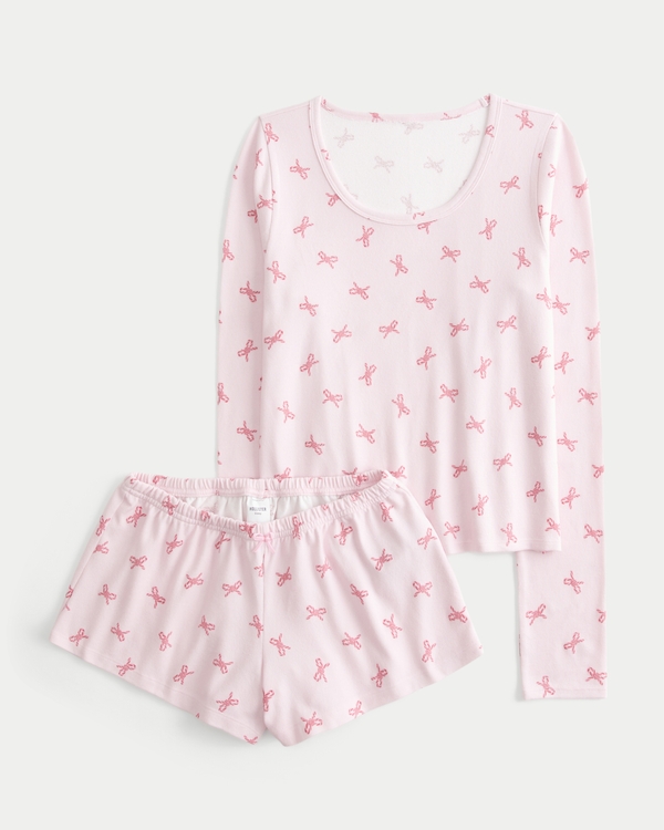 Always Cozy Long-Sleeve Scoop Top & Shorts Set, Light Lilac Pattern view 1