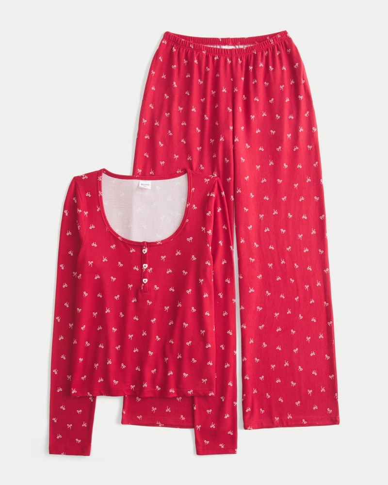 Women’s Cozy Striped Pajama Set – Warm Interlock Henley PJs With Sloth Motif (Pink, Large)