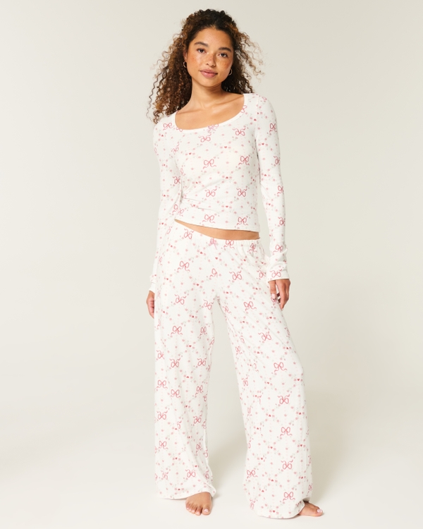 Cozy Adjustable-Rise Wide-Leg Pants, White Pattern view 1