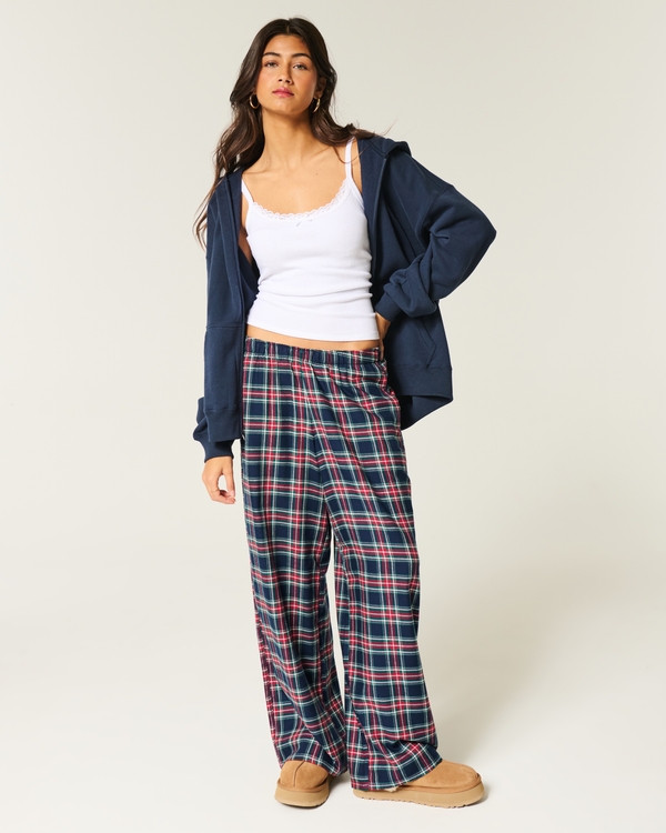 Baggy Flannel Pants, Navy Blue Plaid Shine view 1