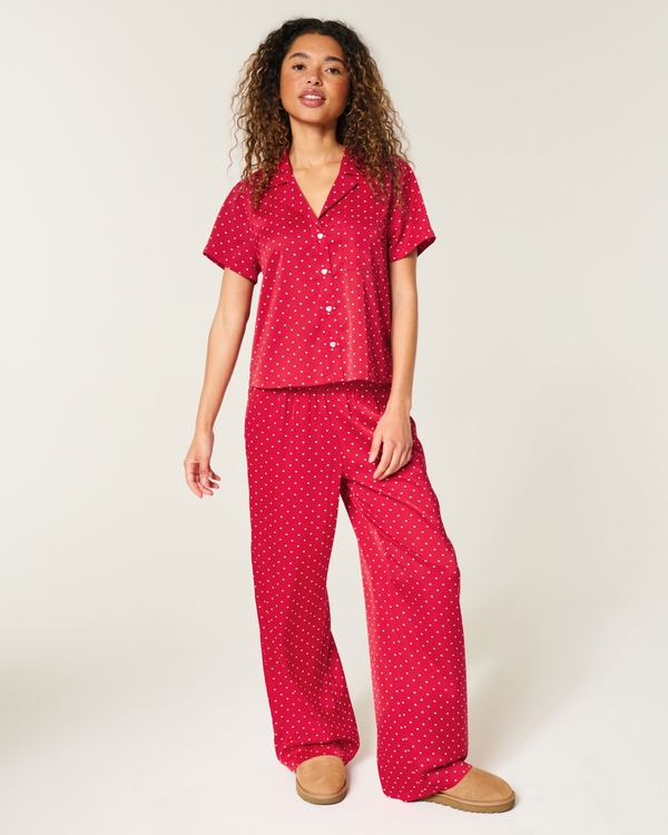 Heart Pattern Wide-Leg Pants, Red Print view 1