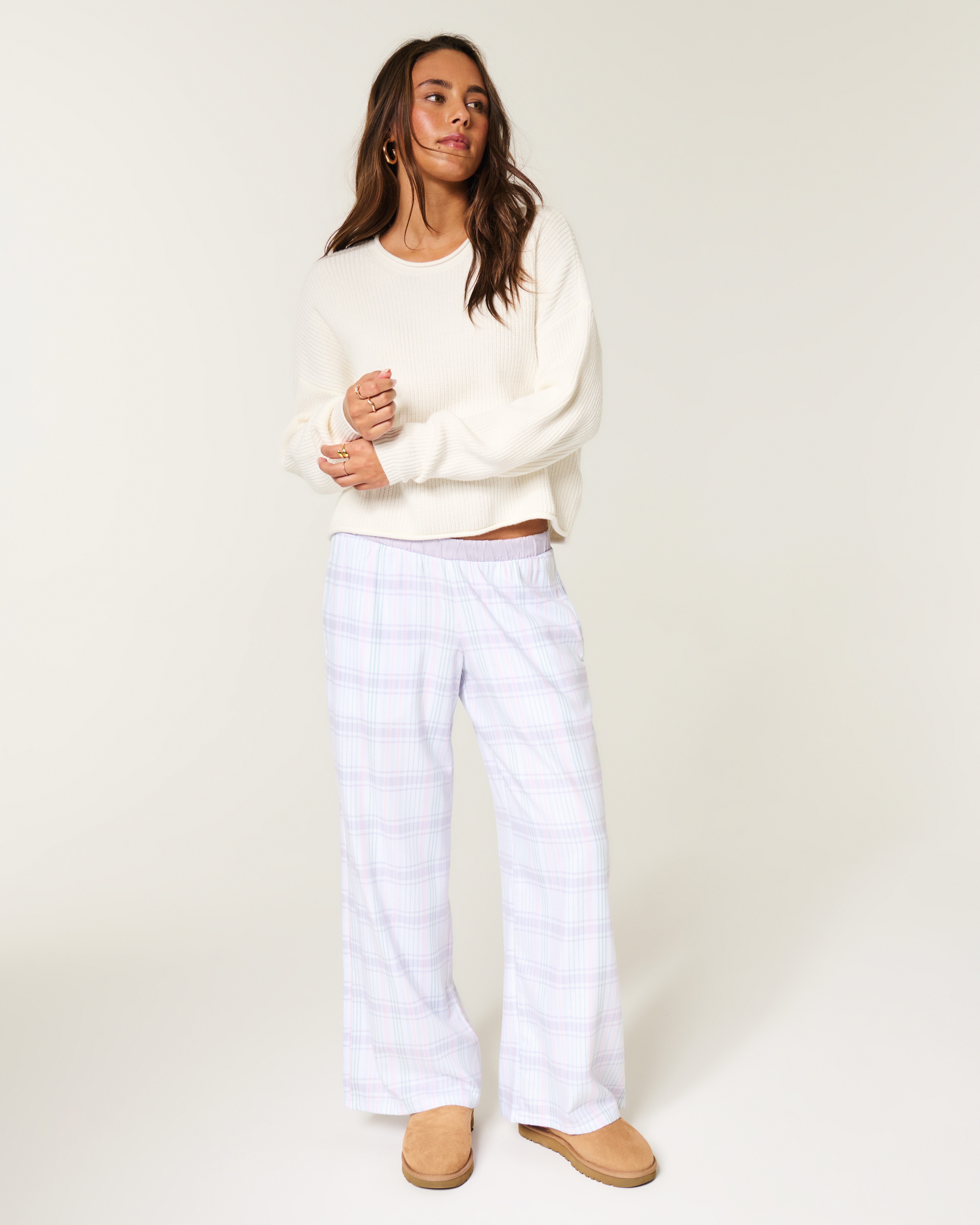 Contrast Waist Baggy Flannel Pants