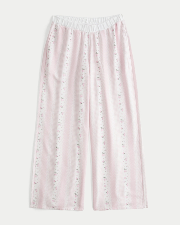 Contrast Waist Baggy Flannel Pants, Light Pink Print view 1