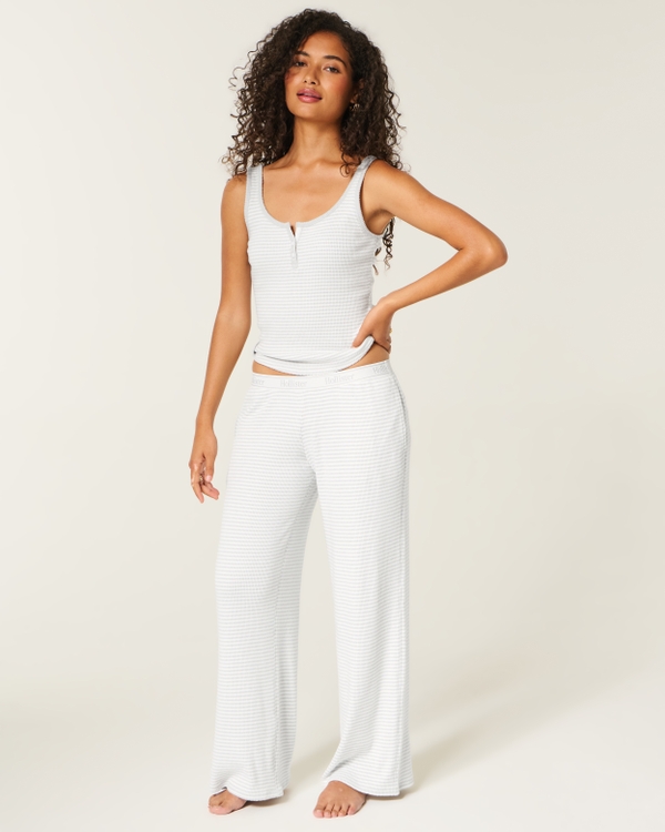 Cozy Rib Elastic Waist Wide-Leg Pants, Light Heather Grey Stripe view 1