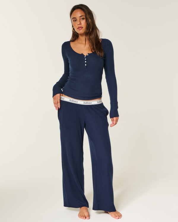 Cozy Rib Elastic Waist Wide-Leg Pants, Navy Dd view 1