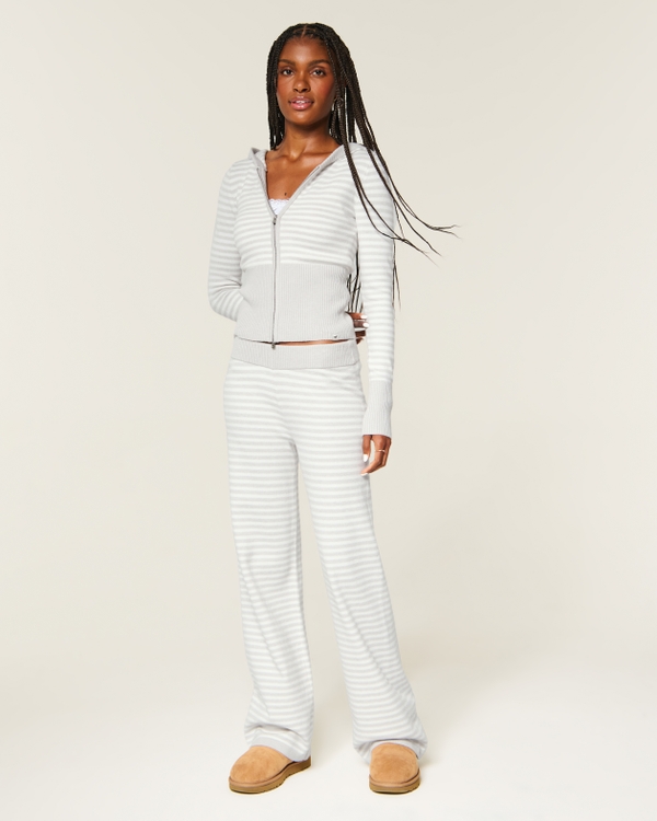 Low-Rise Sweater-Knit Straight Pants, White Stripe view 1